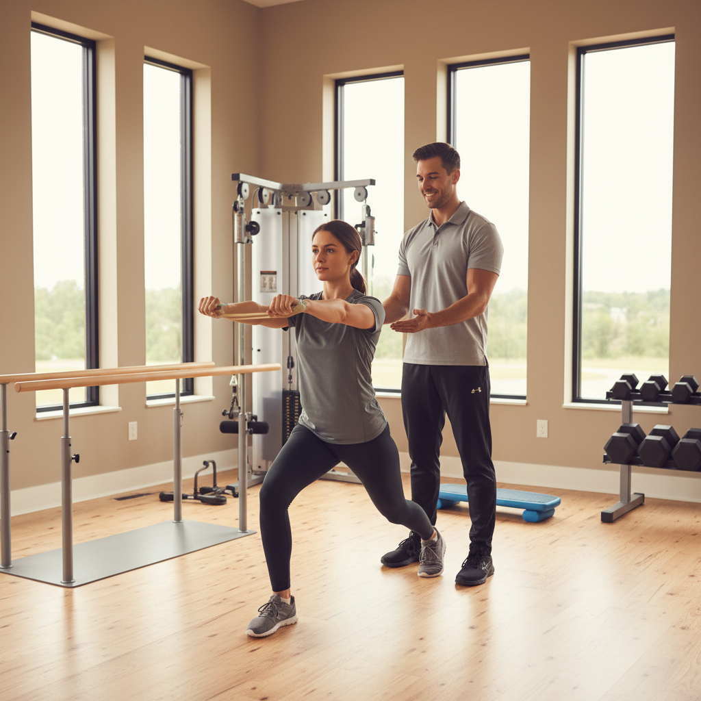 Woman performing therapeutic exercises with expert guidance during physical therapy session in bright Boston rehabilitation facility