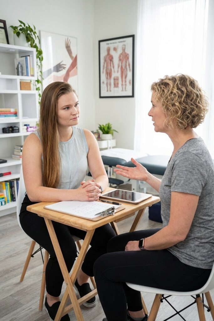 Patient working with a provider at a pelvic health physical therapy clinic in Boston during initial consultation